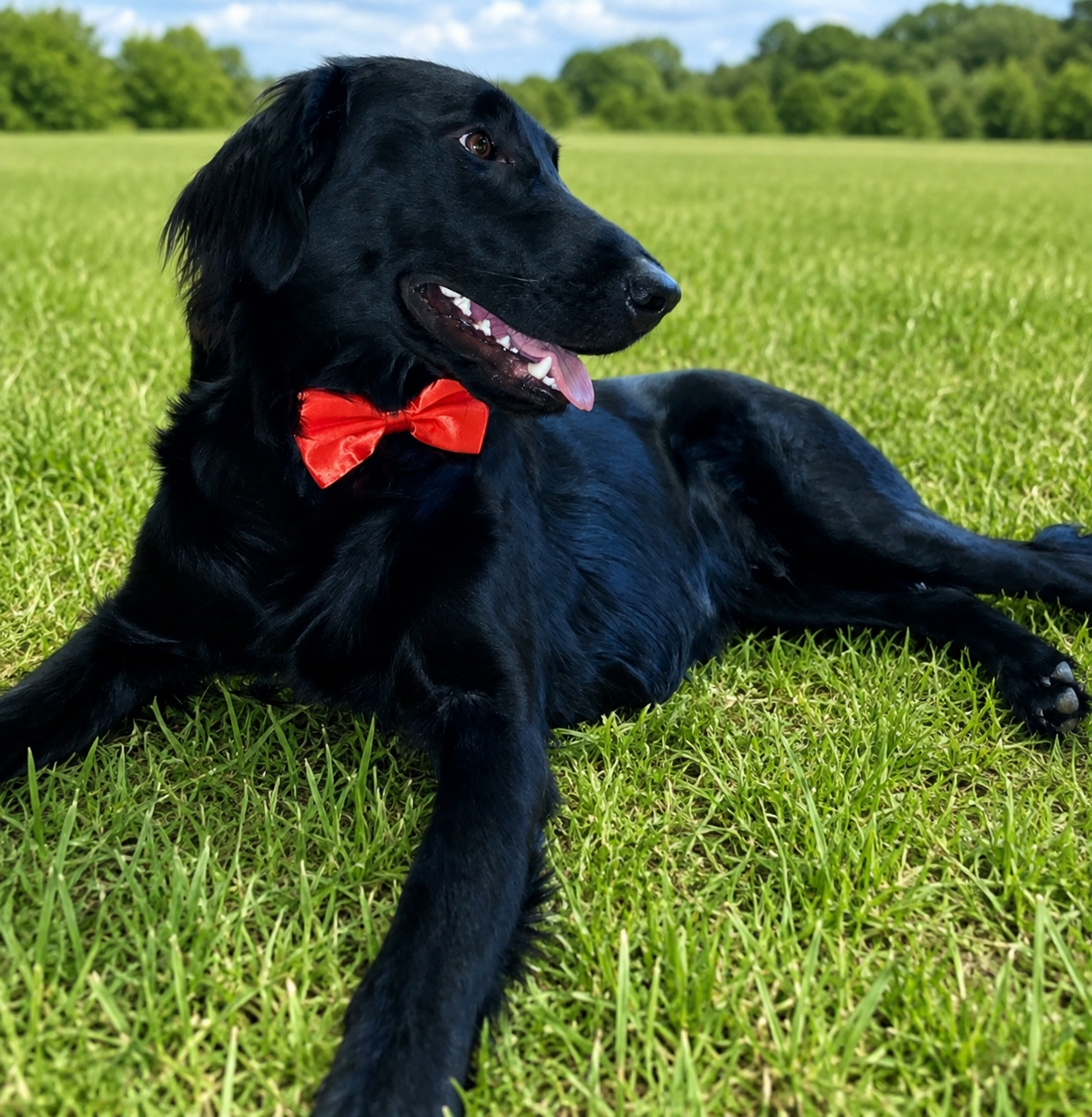 Julian “Jules” lying happily in a grassy field wearing a bright red bow tie